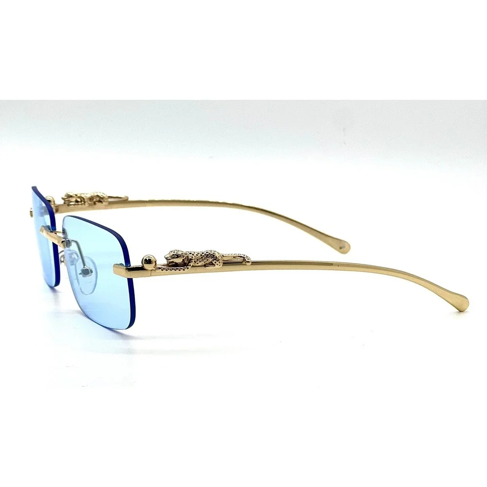 Rimless Sunglasses Gold Leopard Accents Blue Lens Fashion Shades Style Men Gafas